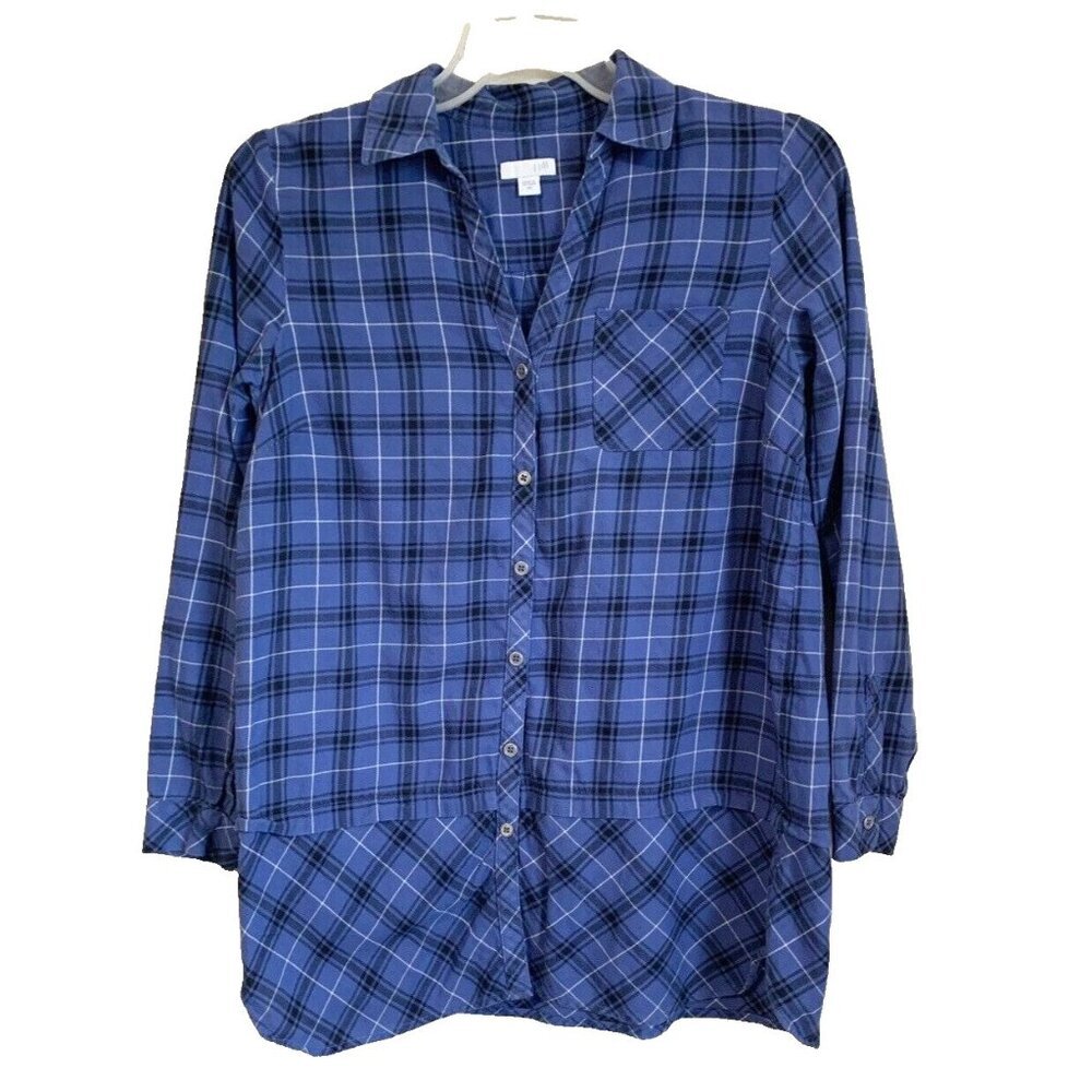 J.Jill Blue Black Mix Plaid Peplum Button Up Tunic Top Women’s XS Lightweight